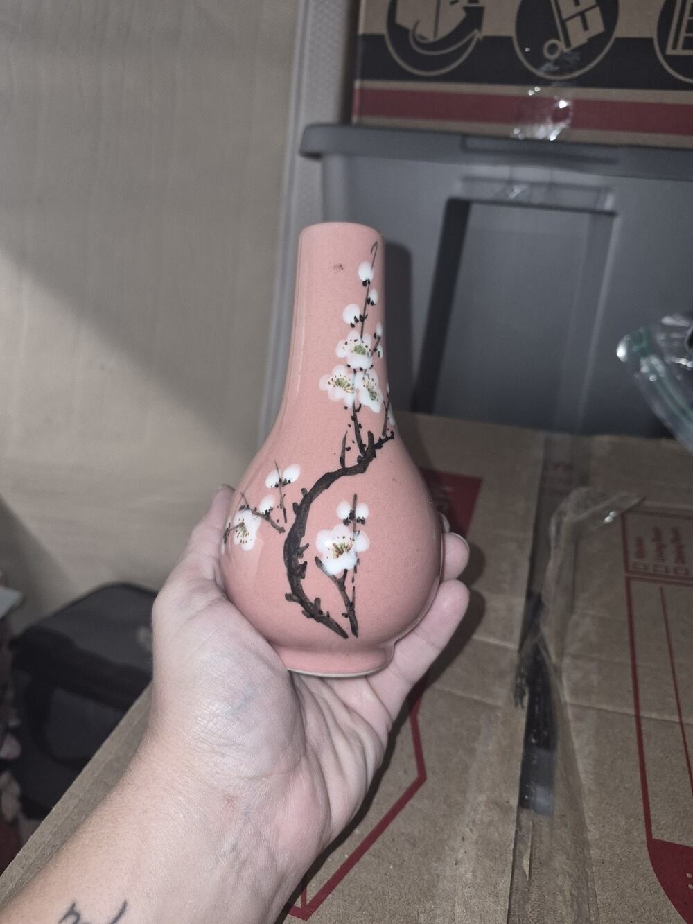Unmarked Hand Painted Pink Ceramic Floral Vase, Asian, Signed 梅吐清香